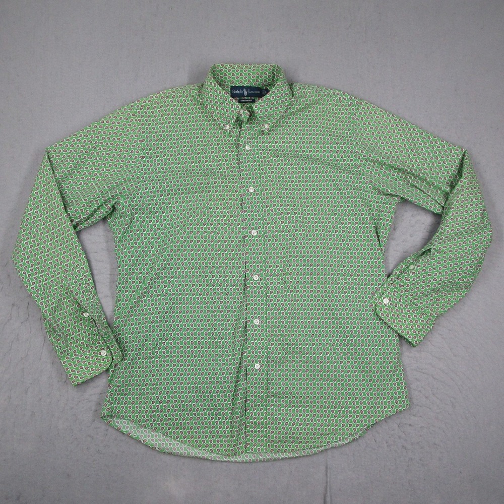Ralph Lauren Mens Large Custom Fit Button Down Shirt Green Paisley Long Sleeve